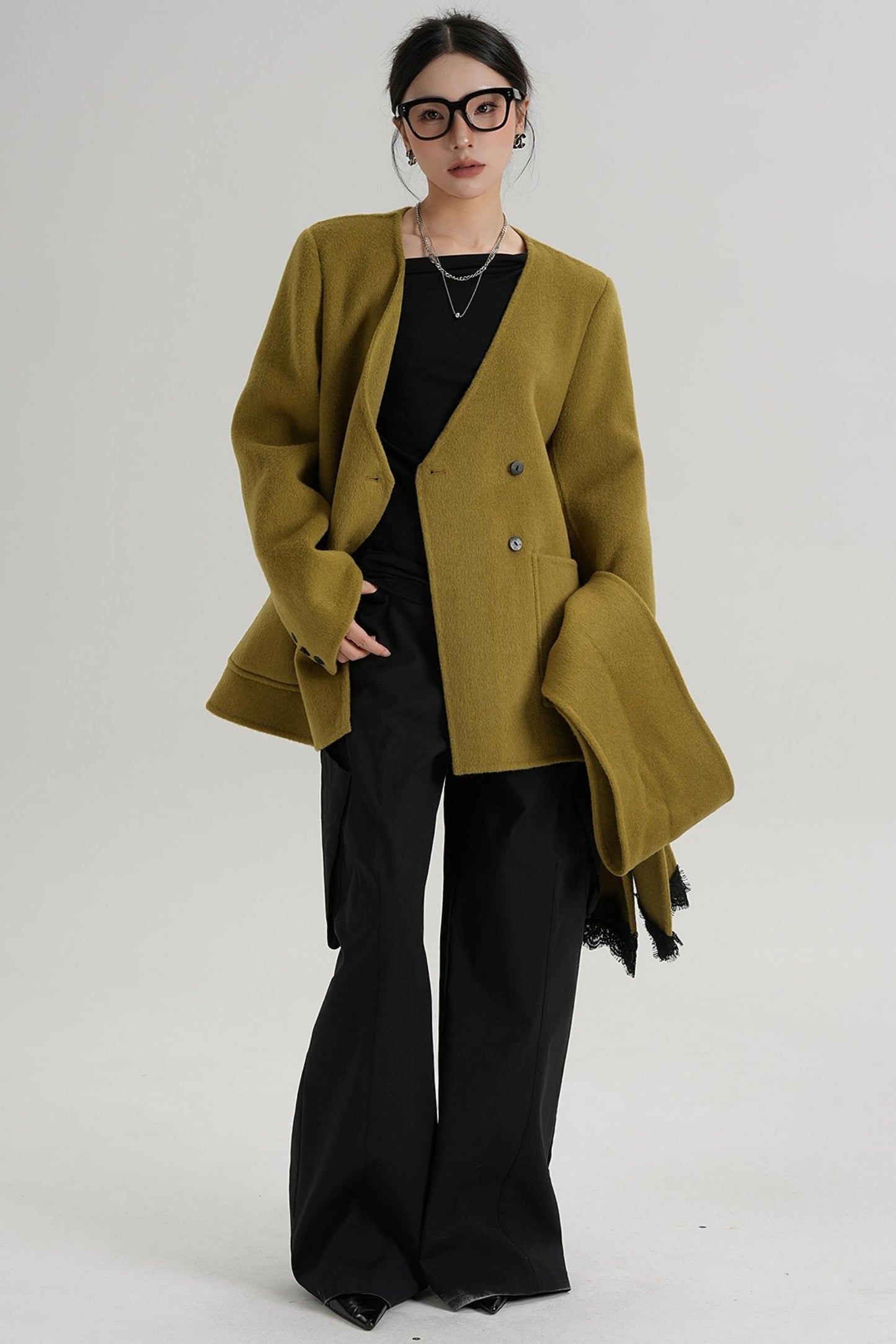 Scarf Patchwork Lace Woolen Coat