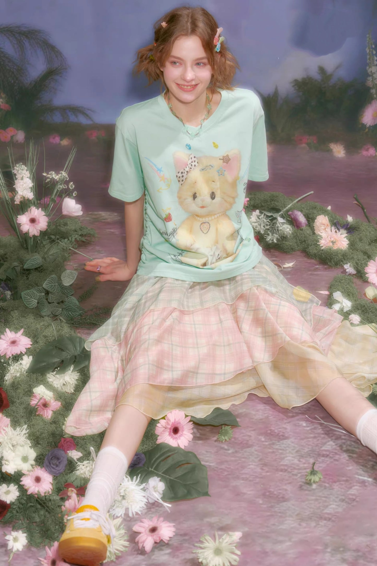 Cherry Blossom Plaid Chiffon Skirt