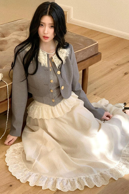 Lace Collar Gray Suit Set-Up