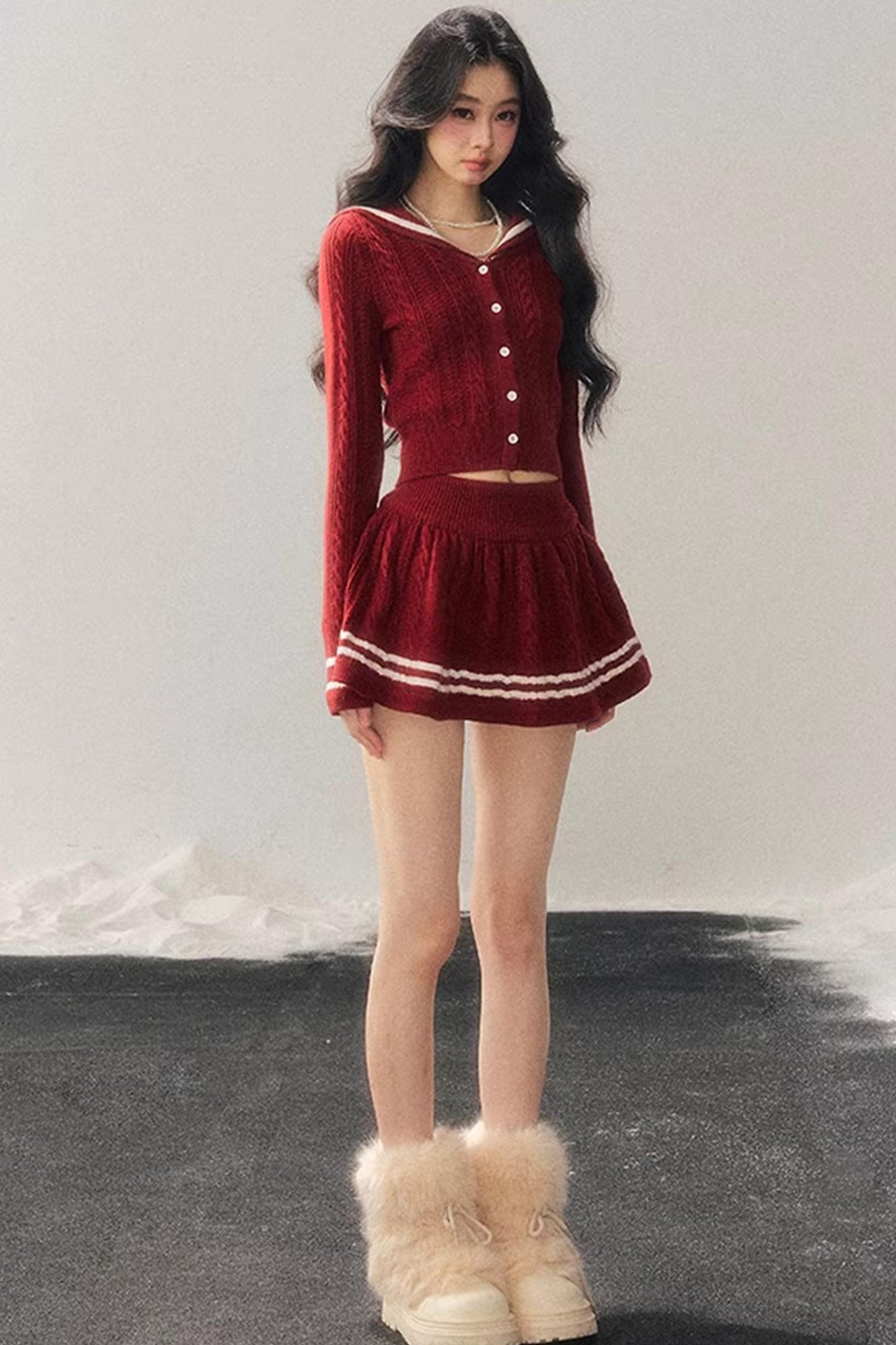 Red Evening Breeze Knitted Sweater Set-Up