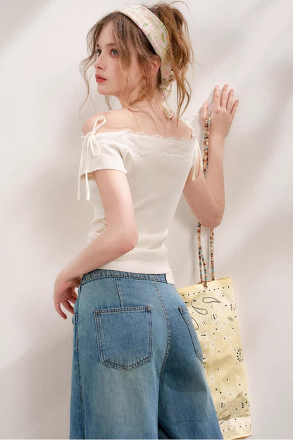 Bow-Detail Wide-Leg Jeans