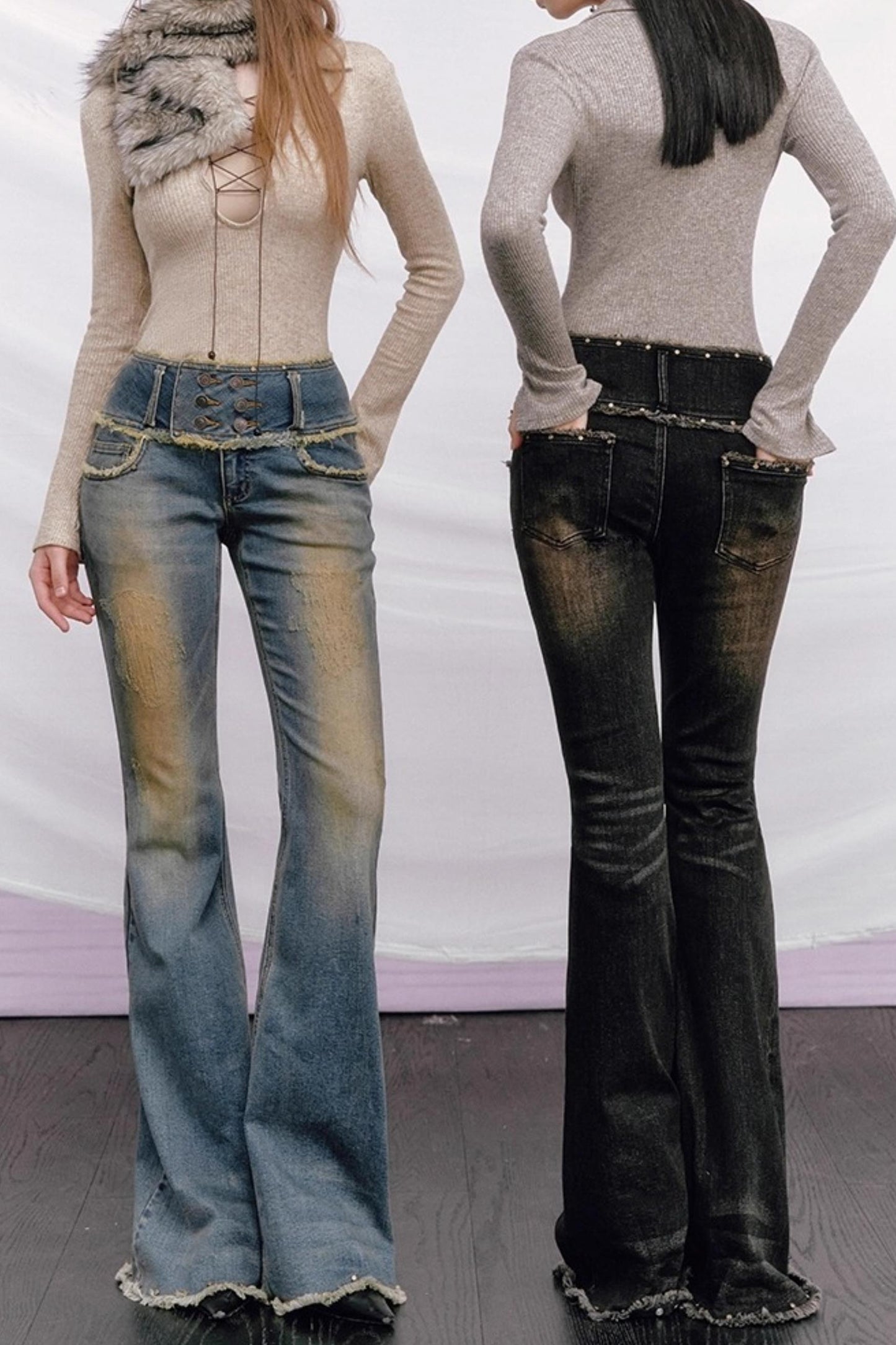 Vintage Distressed Denim Flared Pants