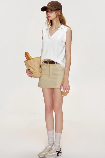 Beige Grain Embroidered Lace Knit Vest