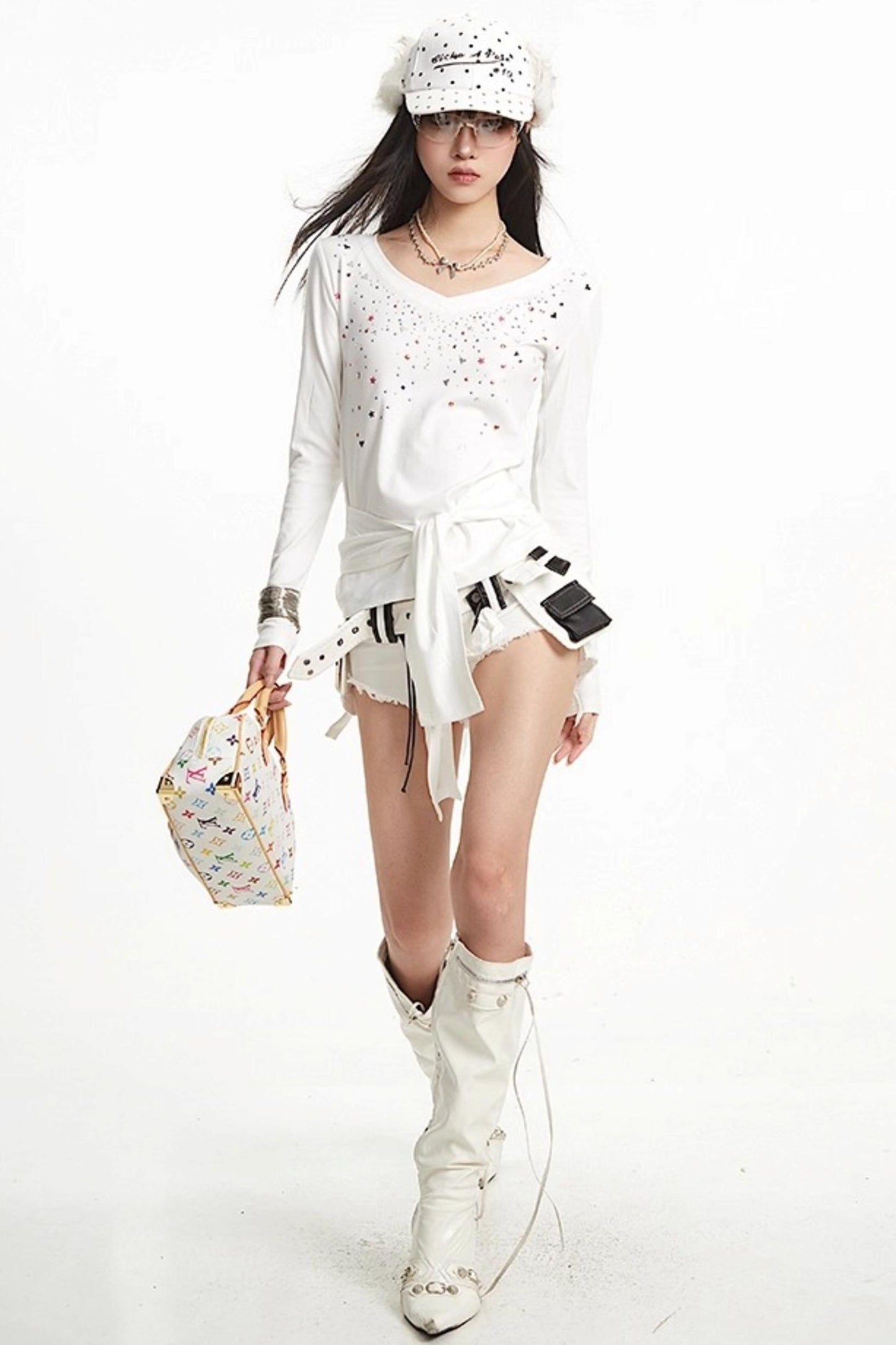 White Hot Girl V-Neck Long Sleeve T-Shirt