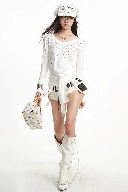 White Hot Girl V-Neck Long Sleeve T-Shirt