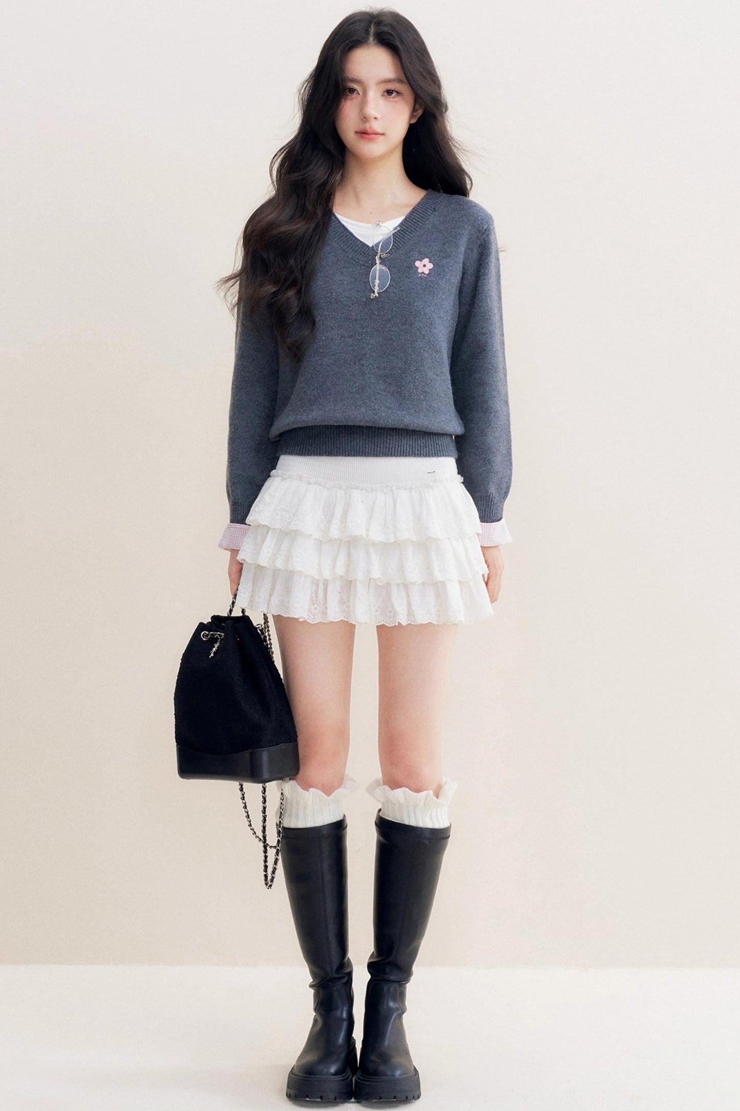 Romantic Check Wool-Blend V-Neck Sweater