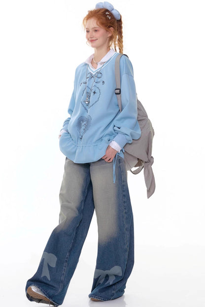 Retro Bow Design High-Waisted Denim Pants