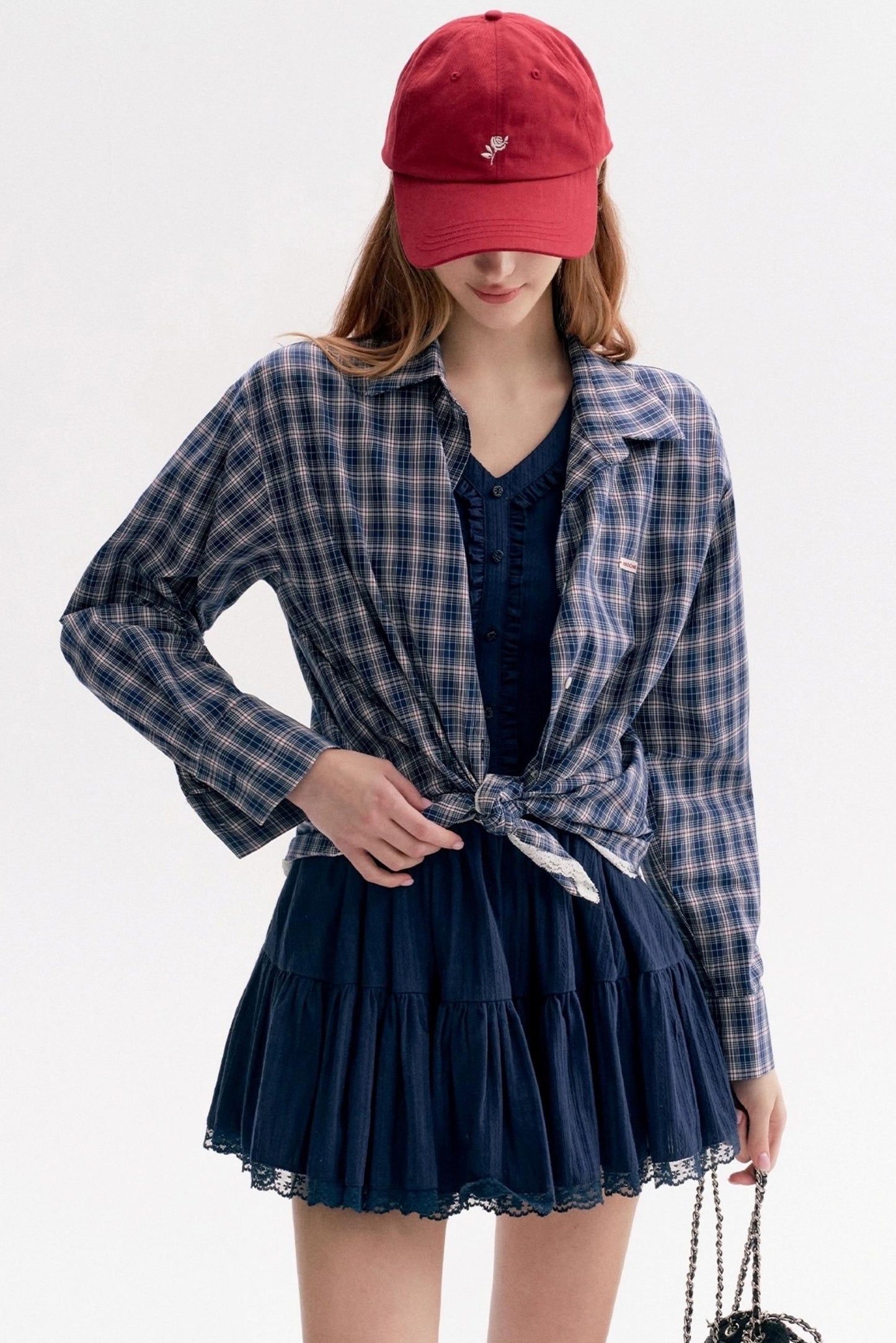 Lace Panel Check Loose Shirt Set-Up