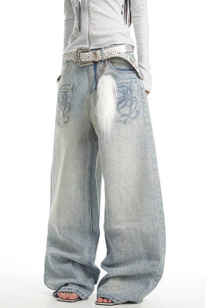 Retro Rhinestone Denim Pants