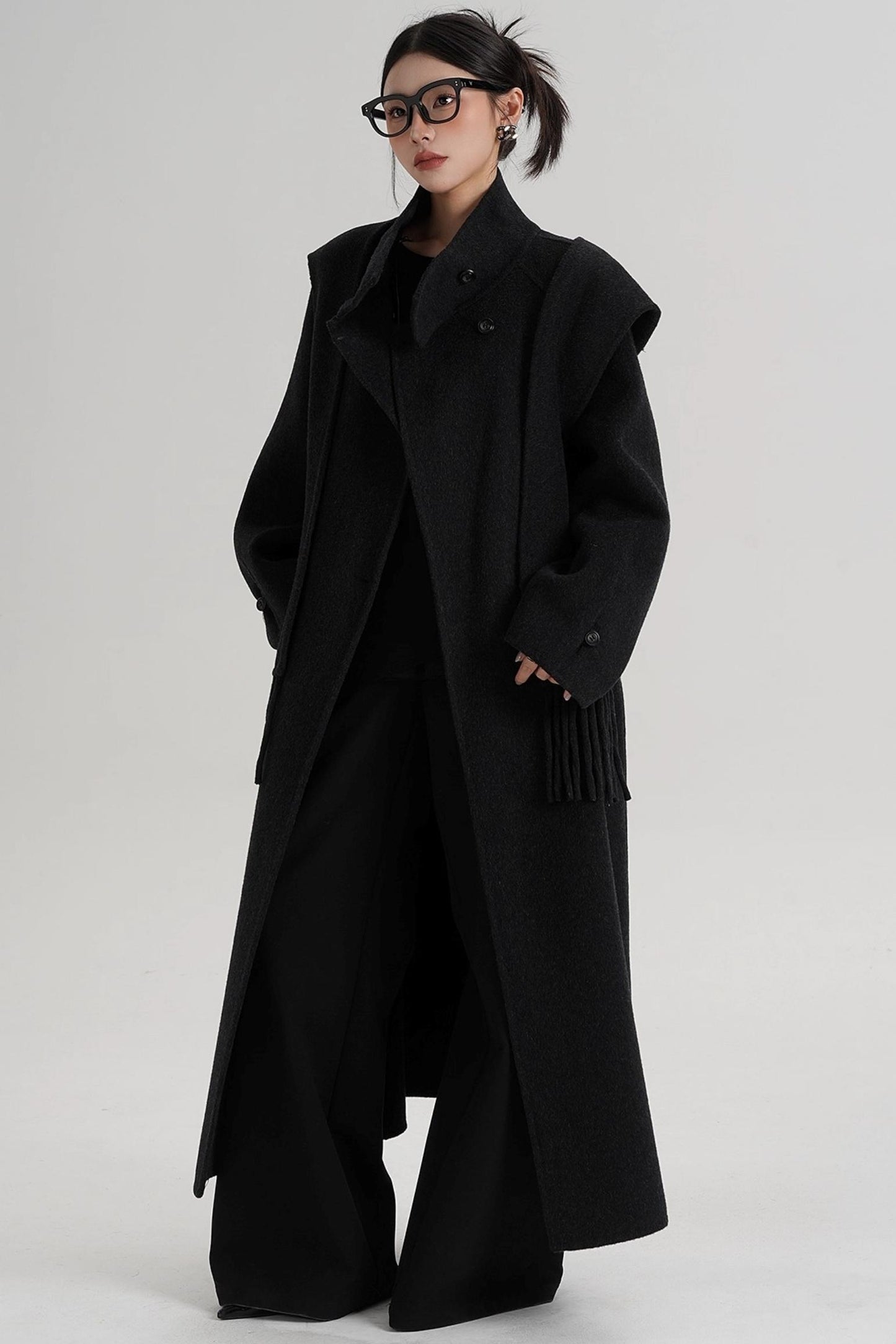 Temperament Hooded Scarf Wool Coat
