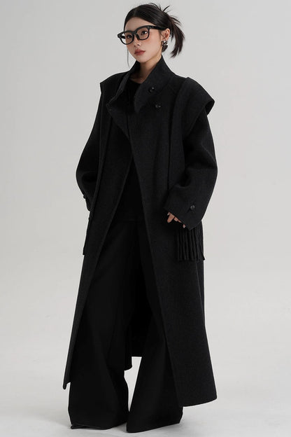 Temperament Hooded Scarf Wool Coat