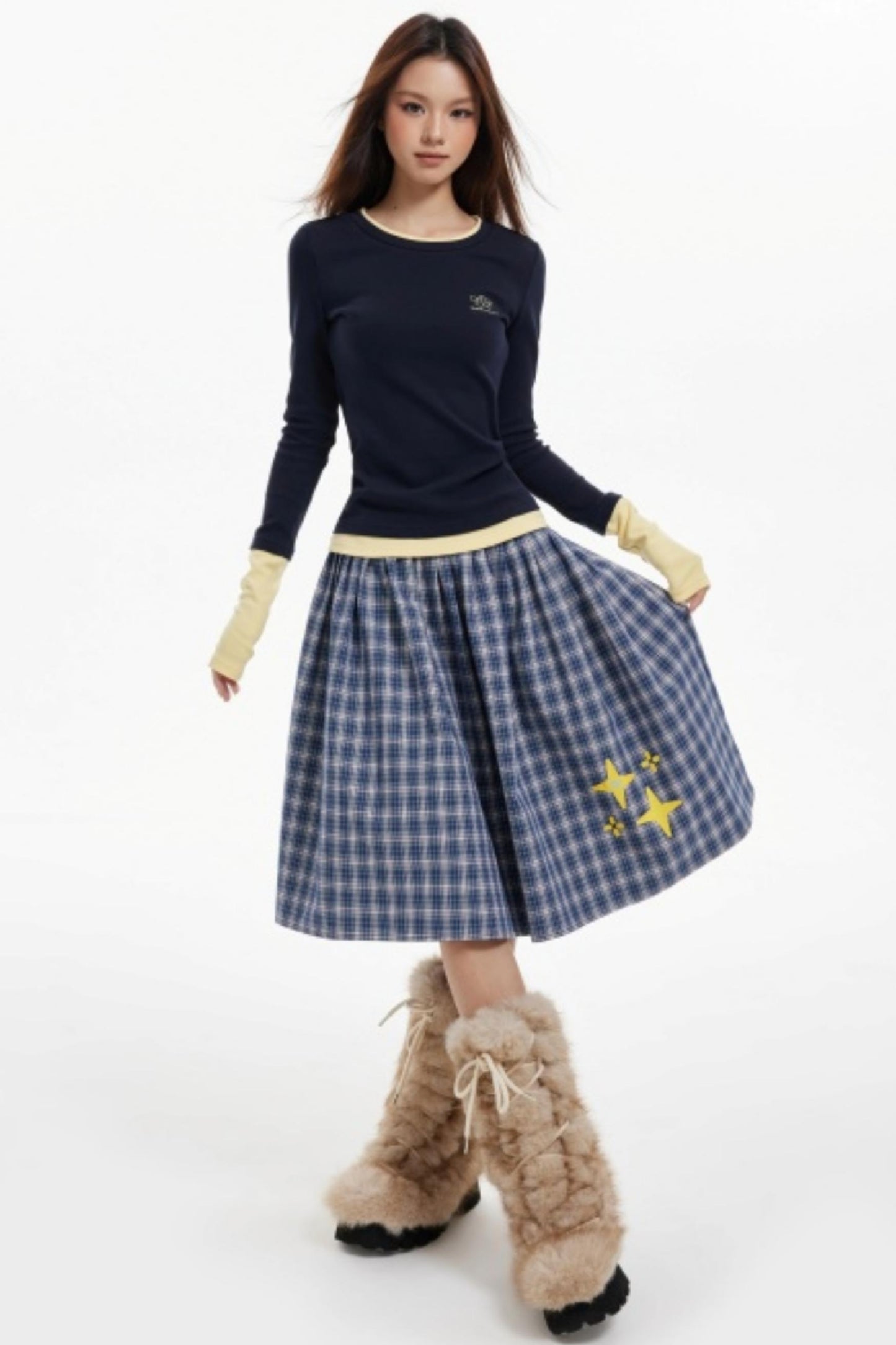 Contrast Fake Two Vintage Long-Sleeve Top