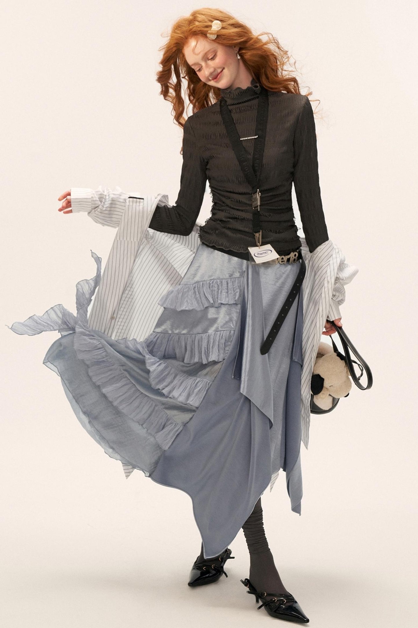 High-Neck Knitted Striped Slimming Shirt