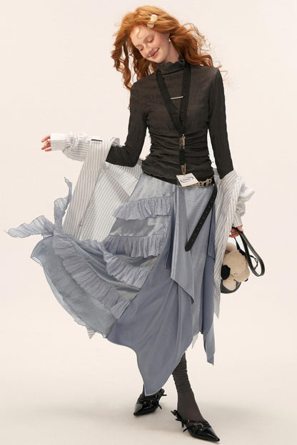 High-Neck Knitted Striped Slimming Shirt