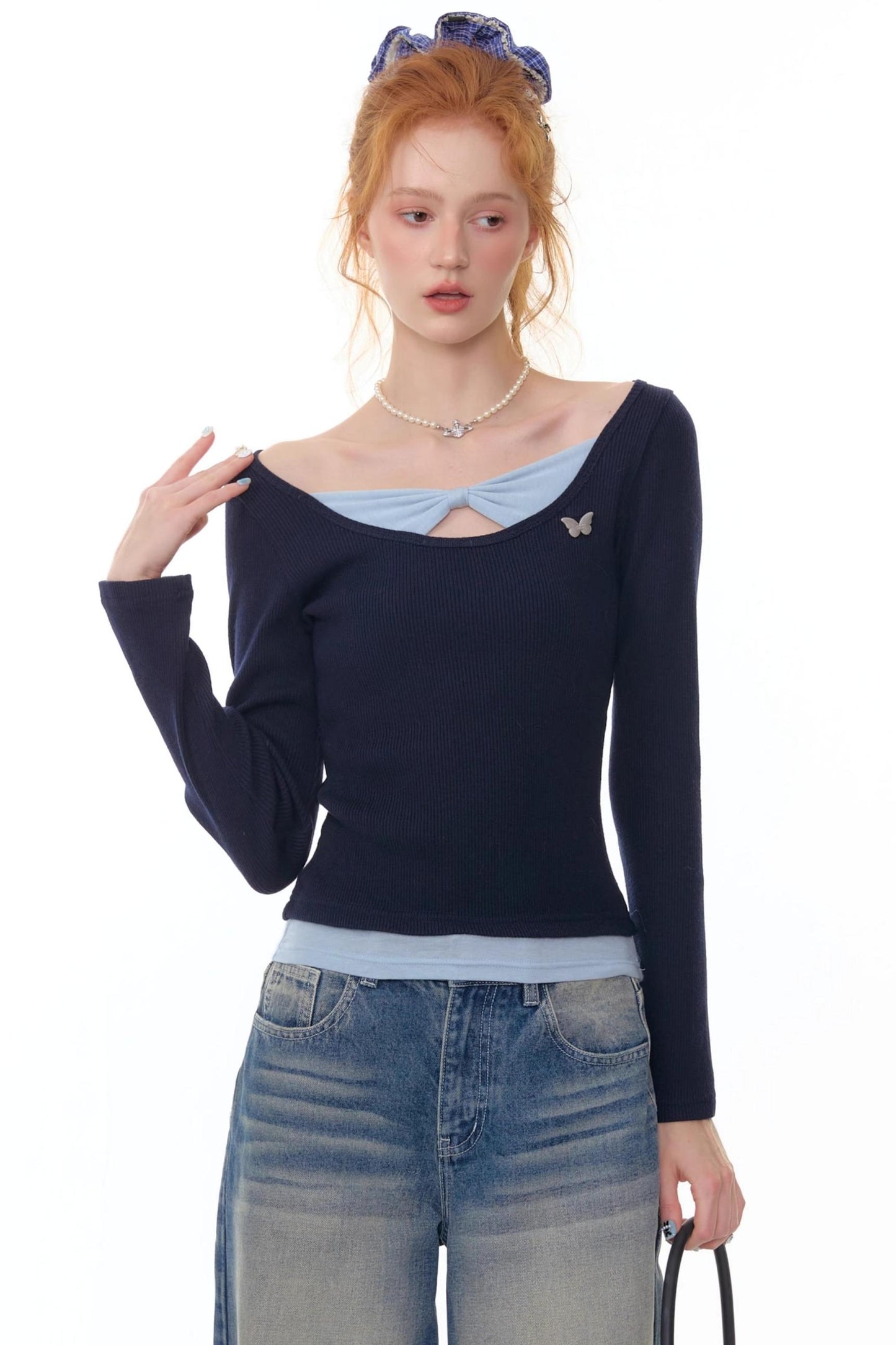 Fake Two Bow Long sleeve T-shirt