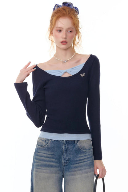 Fake Two Bow Long sleeve T-shirt