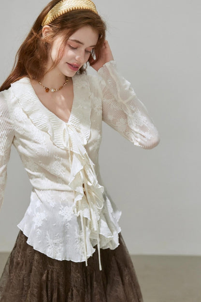 Autumn Womens V-neck Ruffled Top