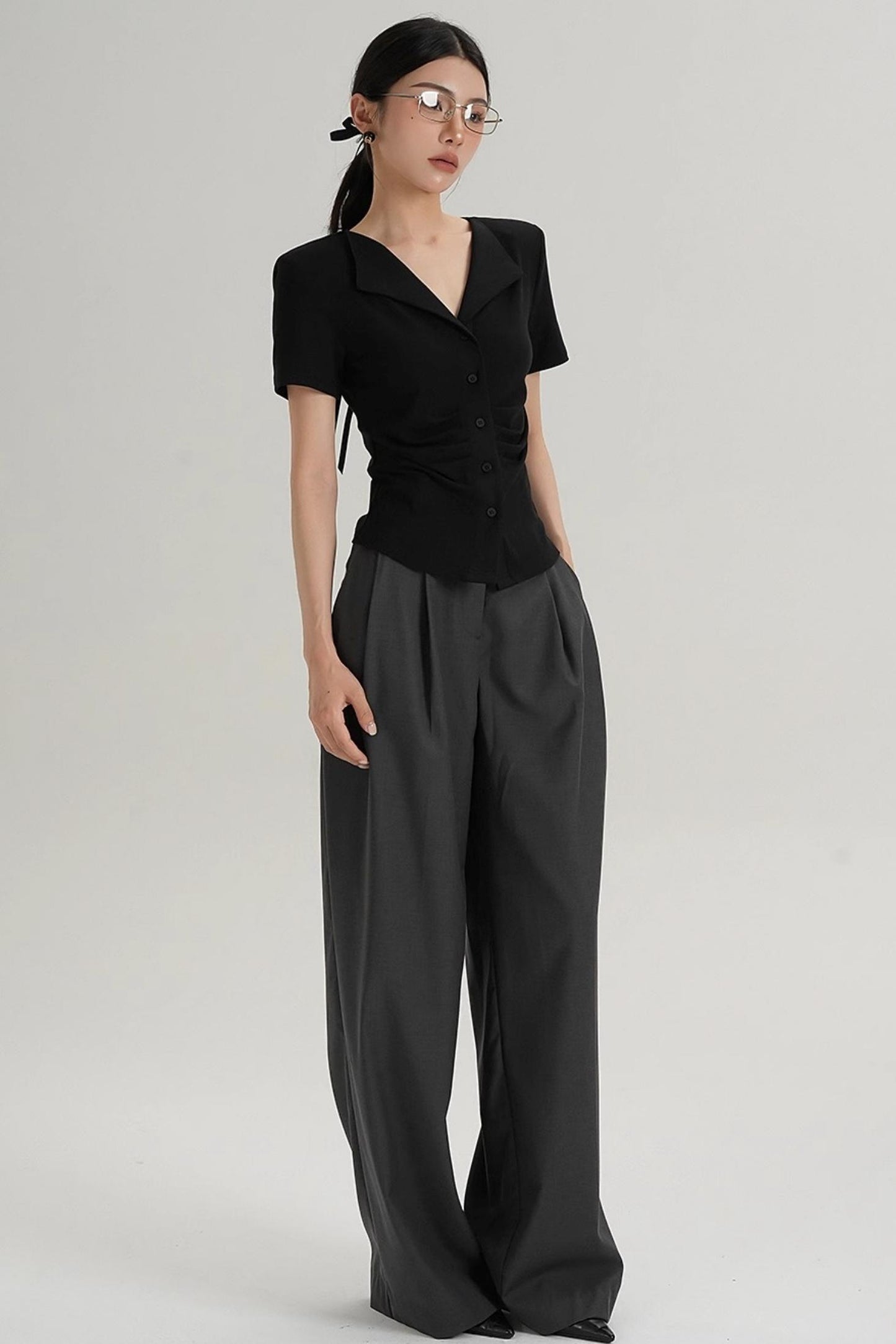 Pleated V-Neck Blouse