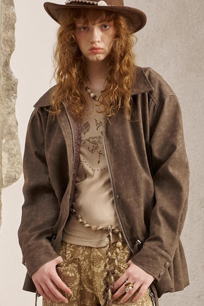 Pleats Waist Solid Color Loose Jacket