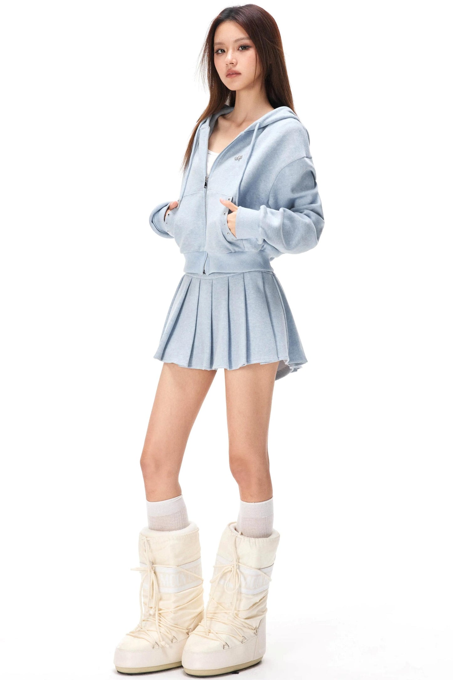 Pocket Studded Hooded Cardigan Set-Up