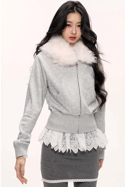 White Fur Collar Polka Dot Jacket