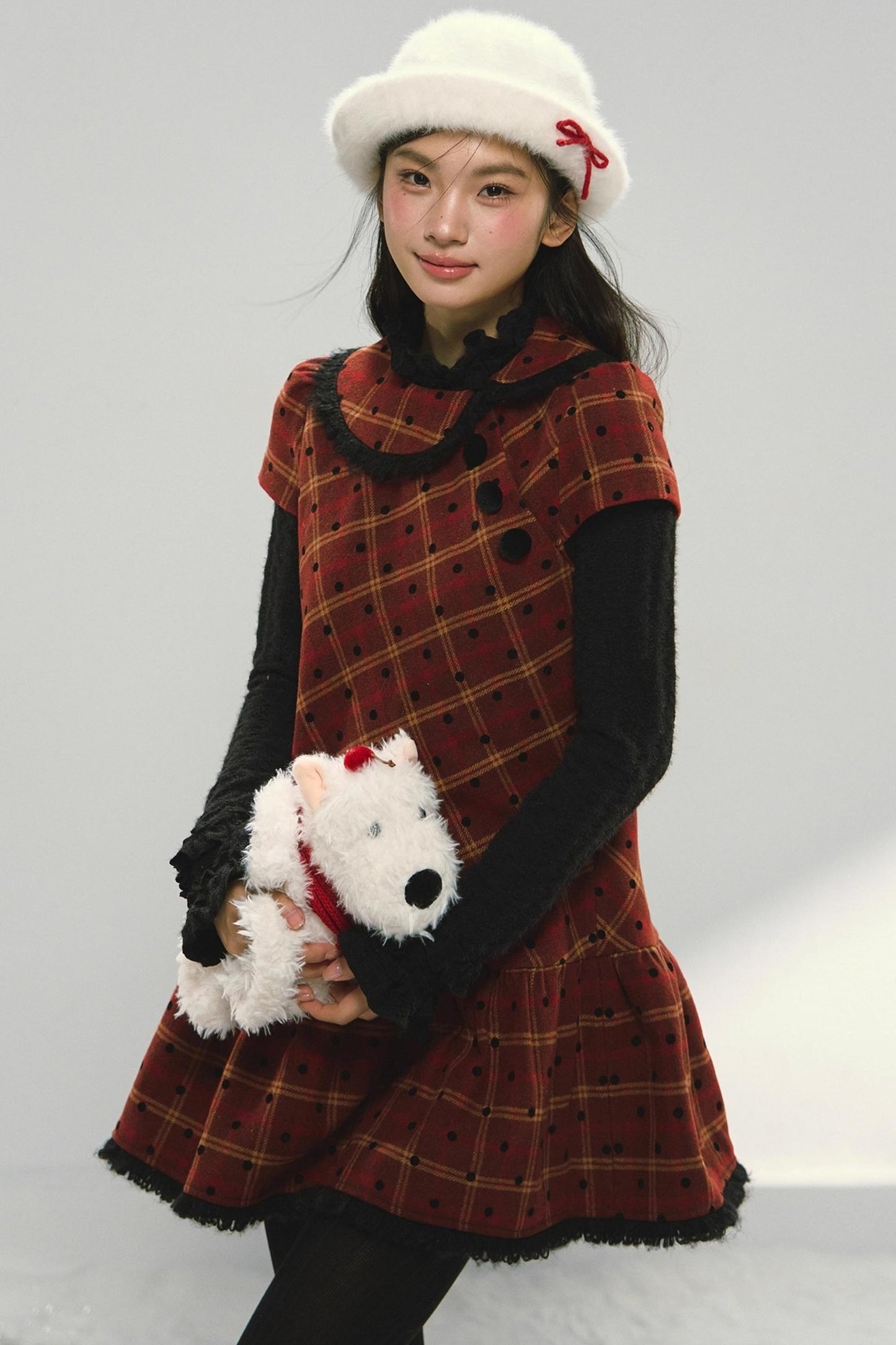 Christmas Doll Collar Tweed Dress Set-Up