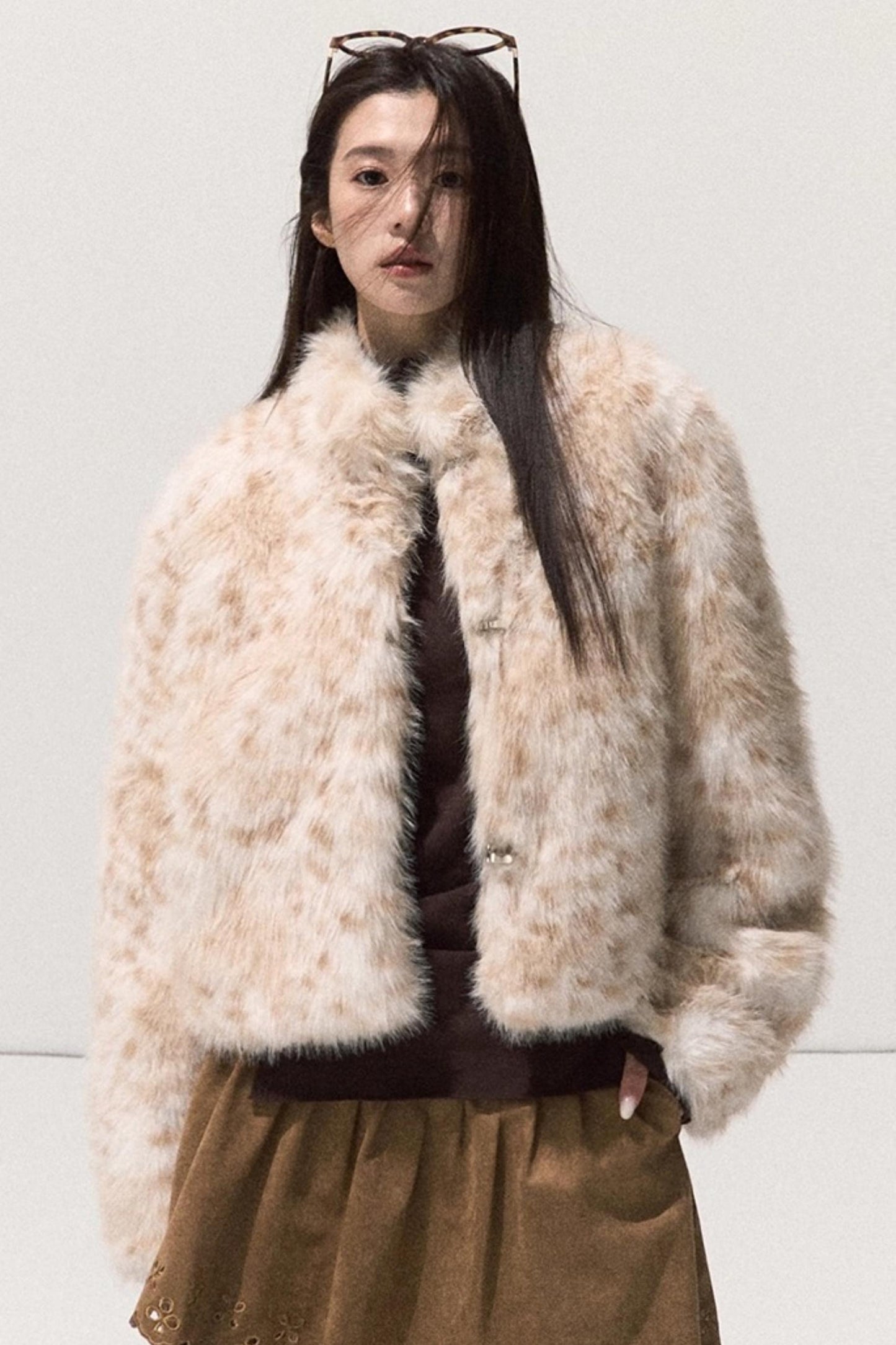 Girlish Leopard Print Fur Coat Set-Up