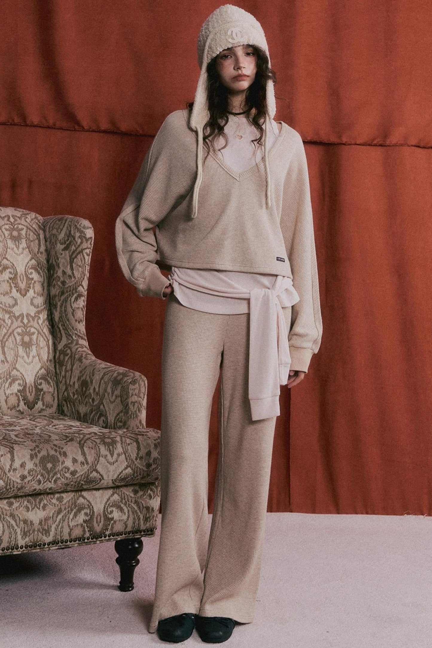 Waffle Knit V-Neck Sweater Set-Up