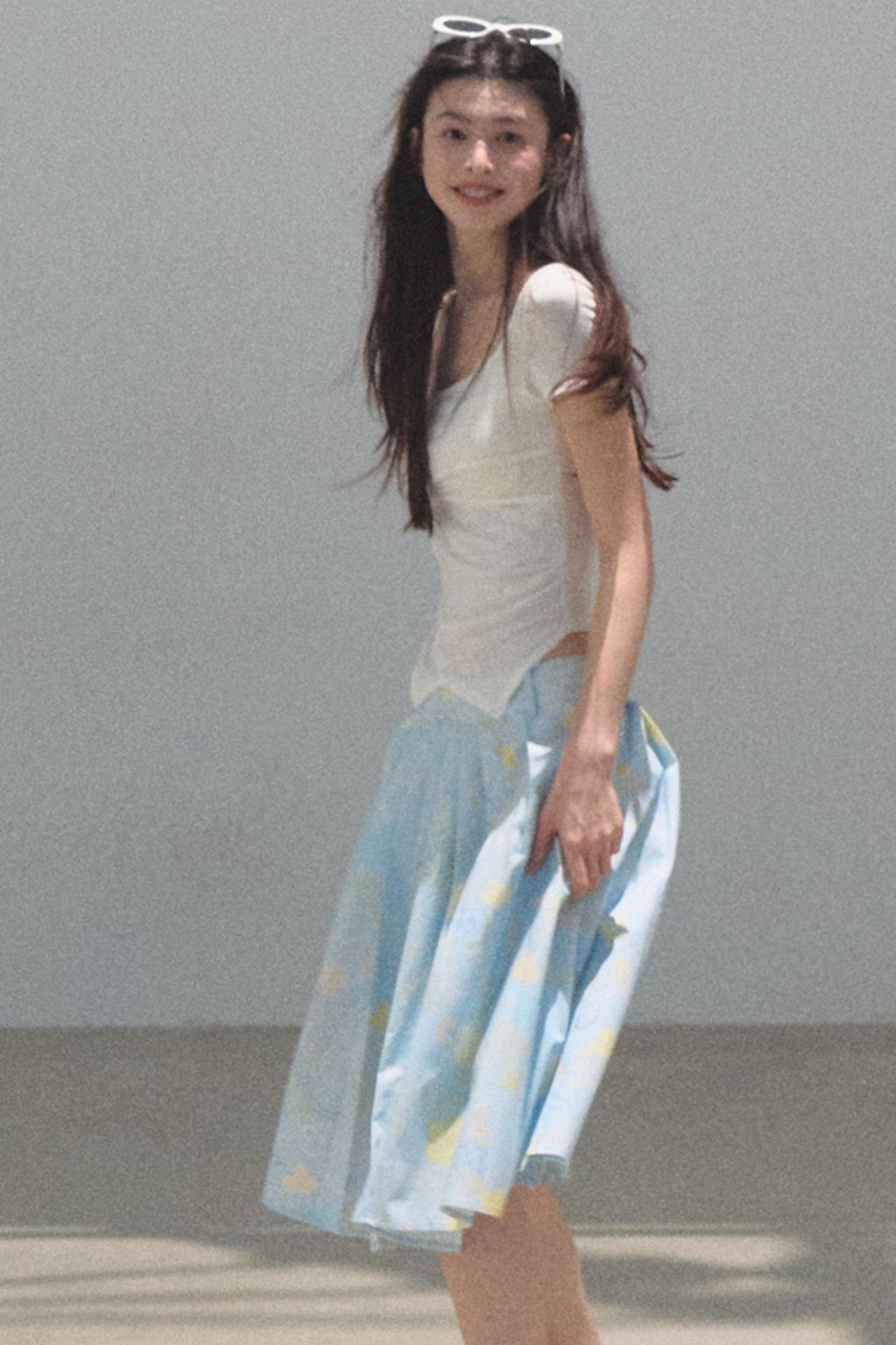 Running Waves Cotton Poplin Pleated Midi Skirt