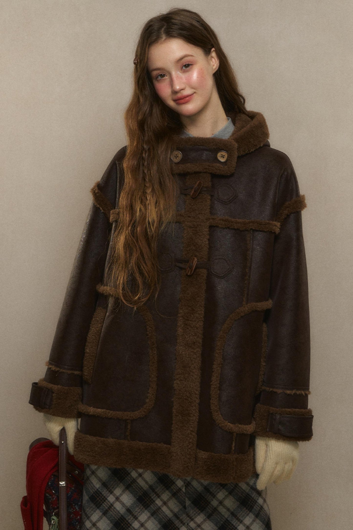 LOLOL ® 24FW Brown Small Man Hooded Horn Button Lambswool Jacket Women's Winter Fur All-in-One Cotton Suit