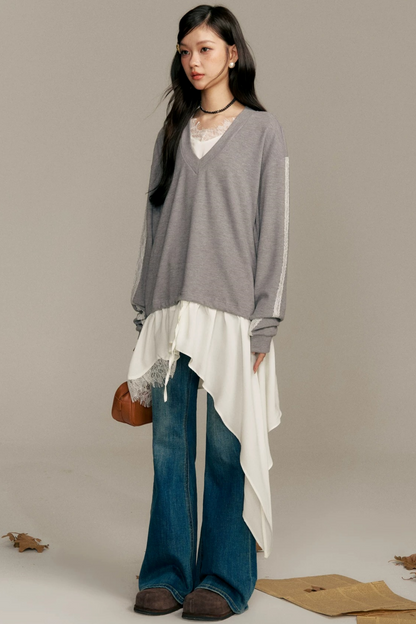 Asymmetric Hem V-Neck Sweatshirt