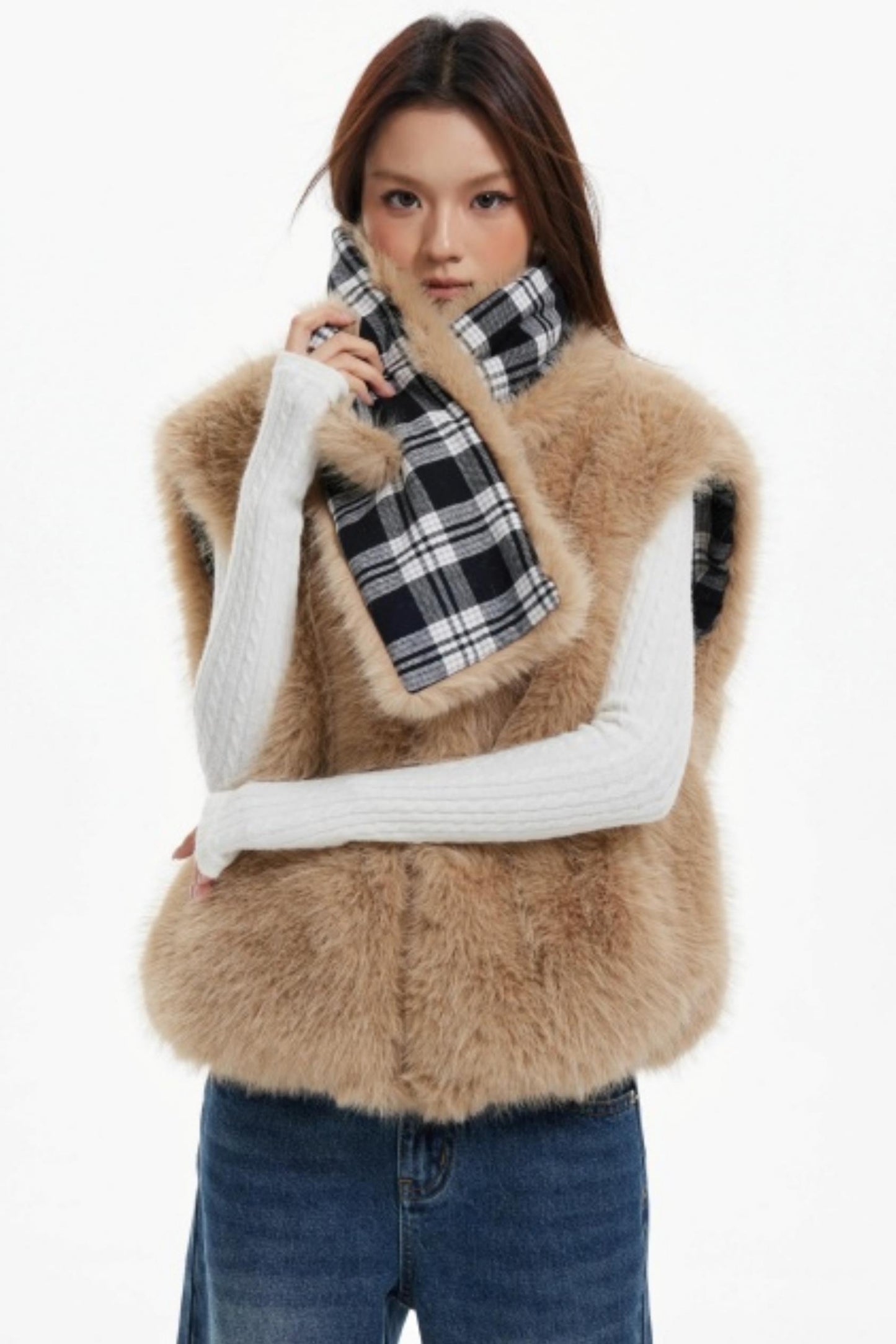 Plaid Lined Fur Vest Reversible Jacket