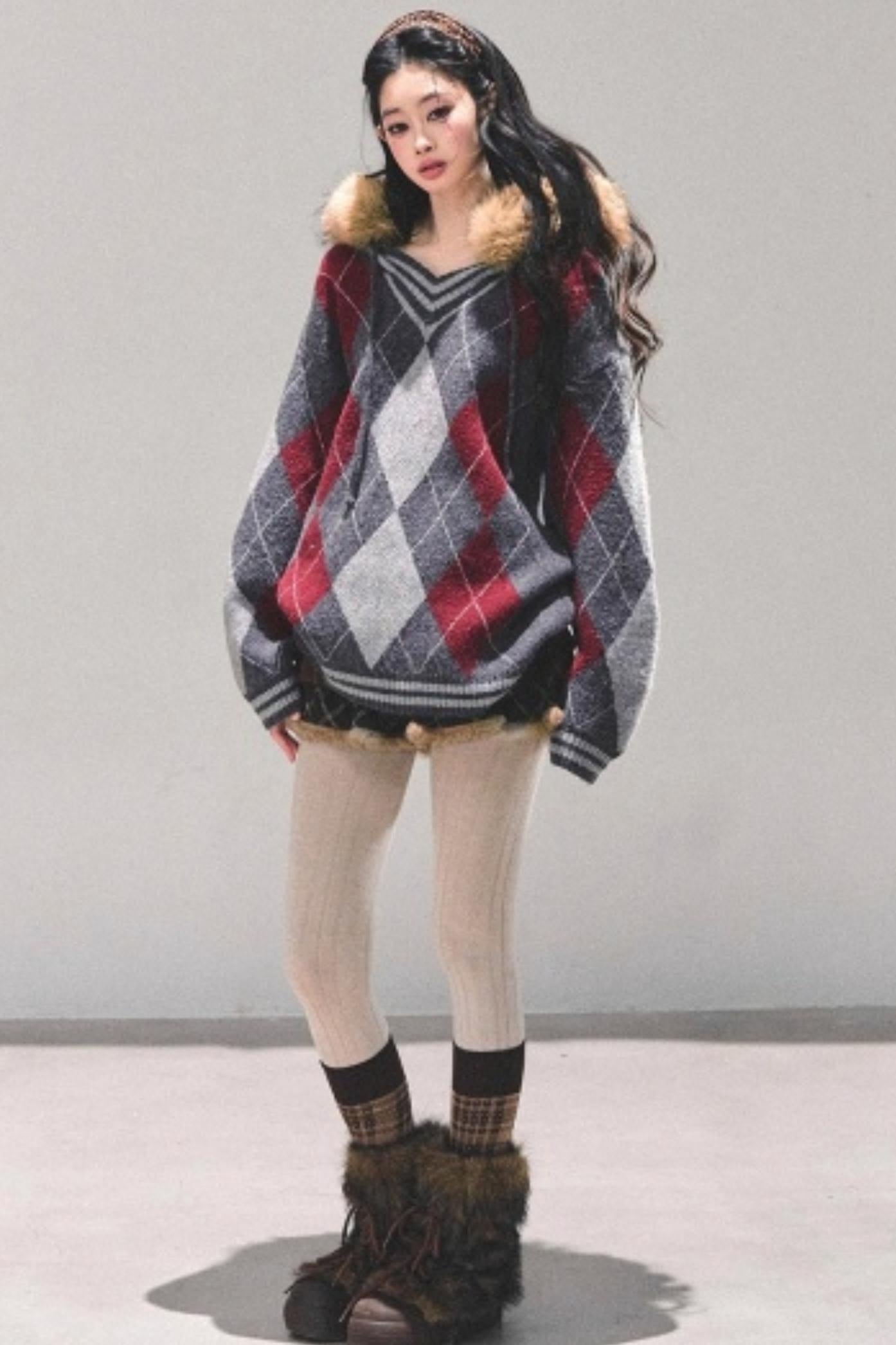 American College Style Fur Collar Sweater