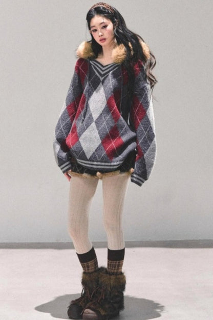 American College Style Fur Collar Sweater