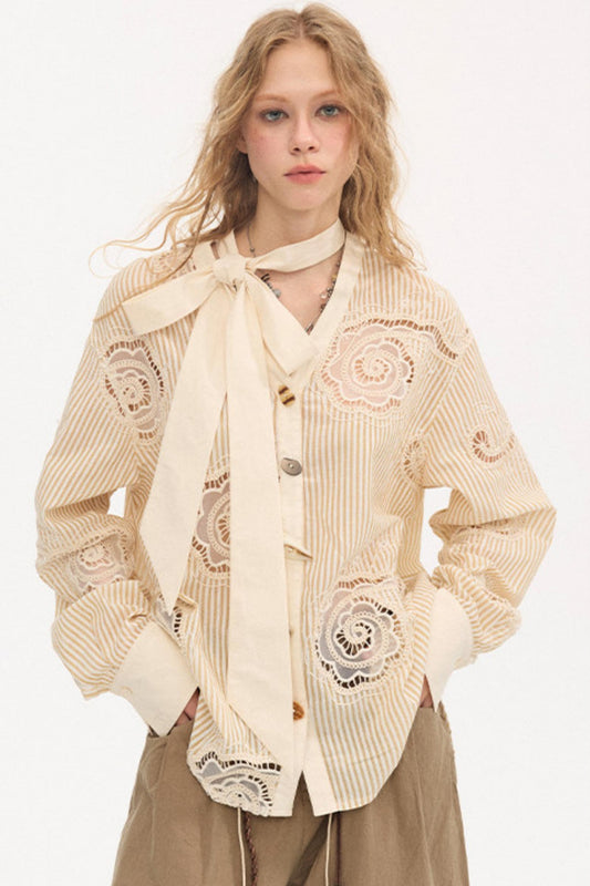 Tie-Back Bow Embroidered Shirt