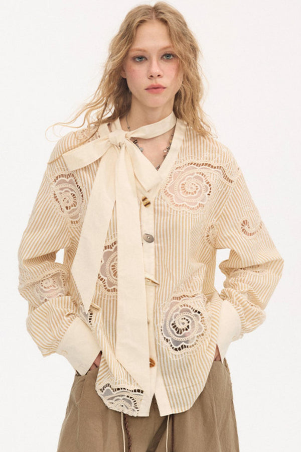 Tie-Back Bow Embroidered Shirt