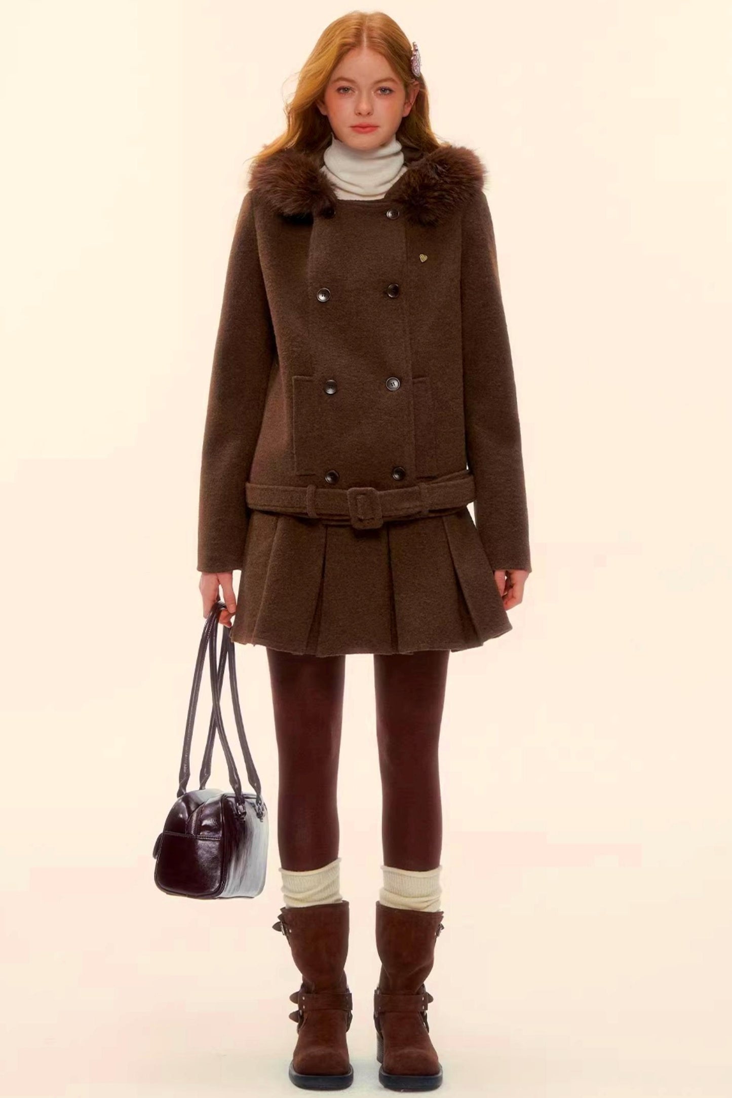 Retro Coffee Woolen Coat Skirt Set-Up