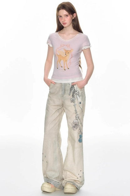 Hand-Painted 3D Printed Womens Wide-Leg Pants