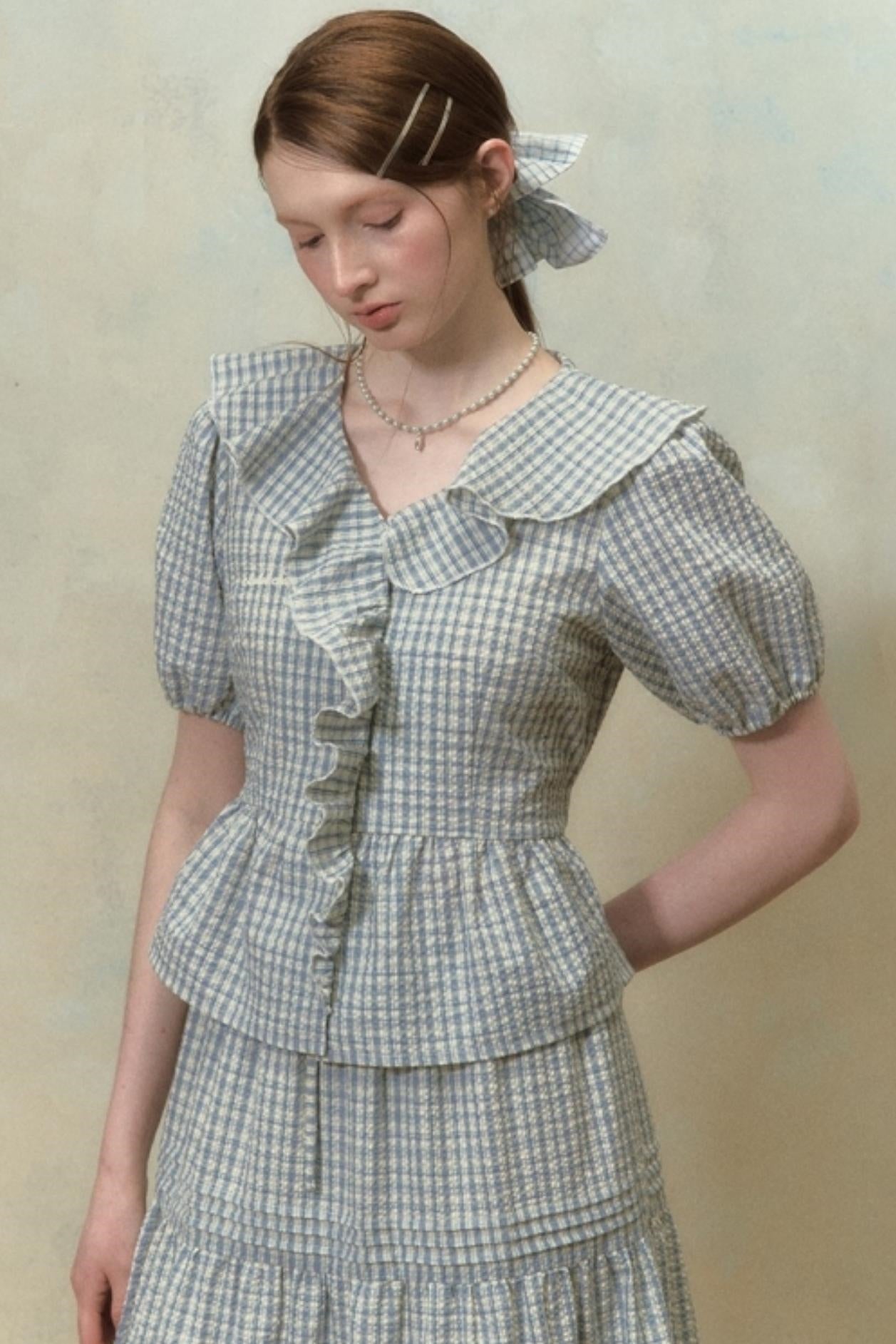 Plaid Ruffle Sleeve Blouse