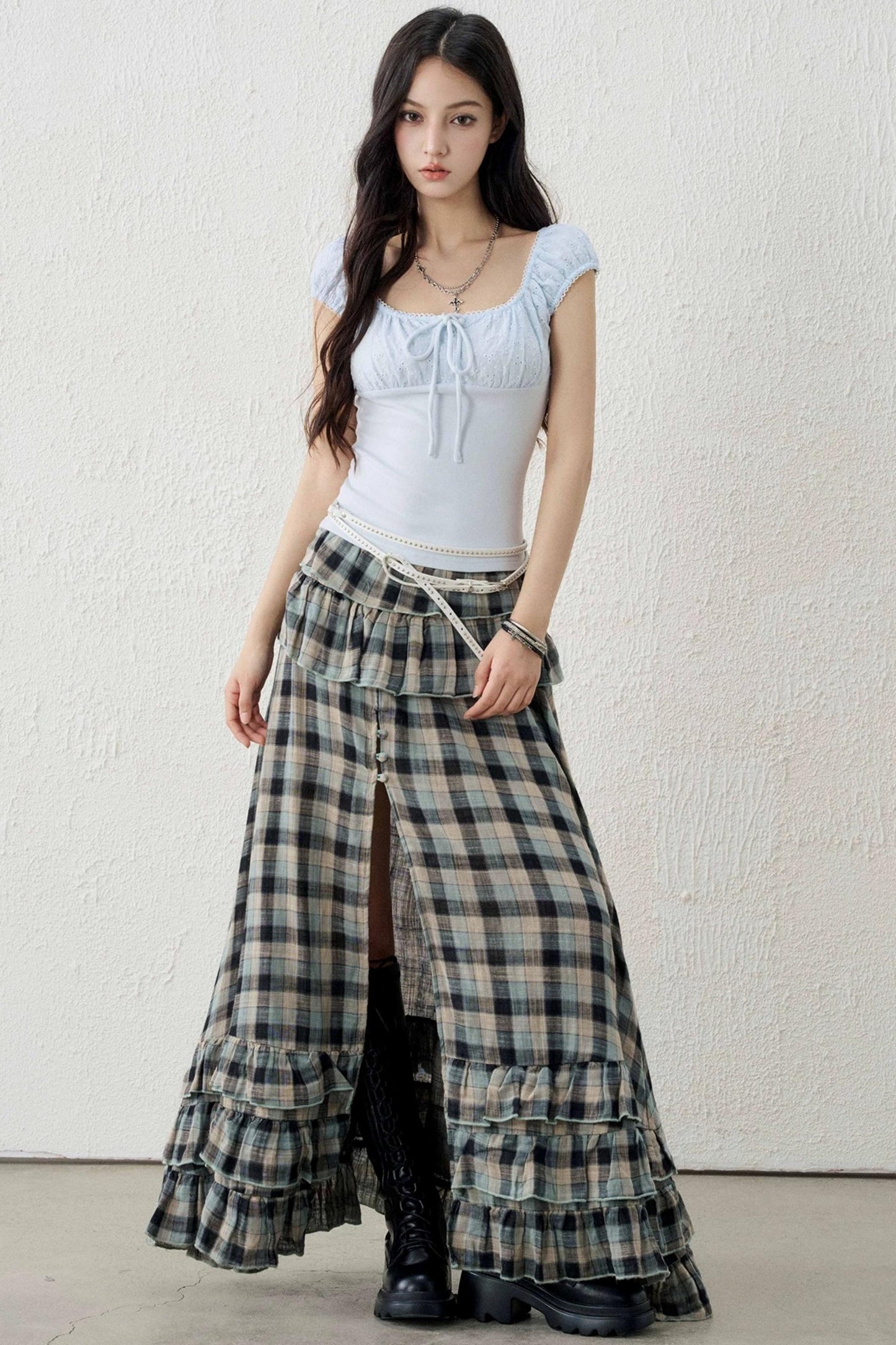 Gray-Green Plaid Ruffled Skirt