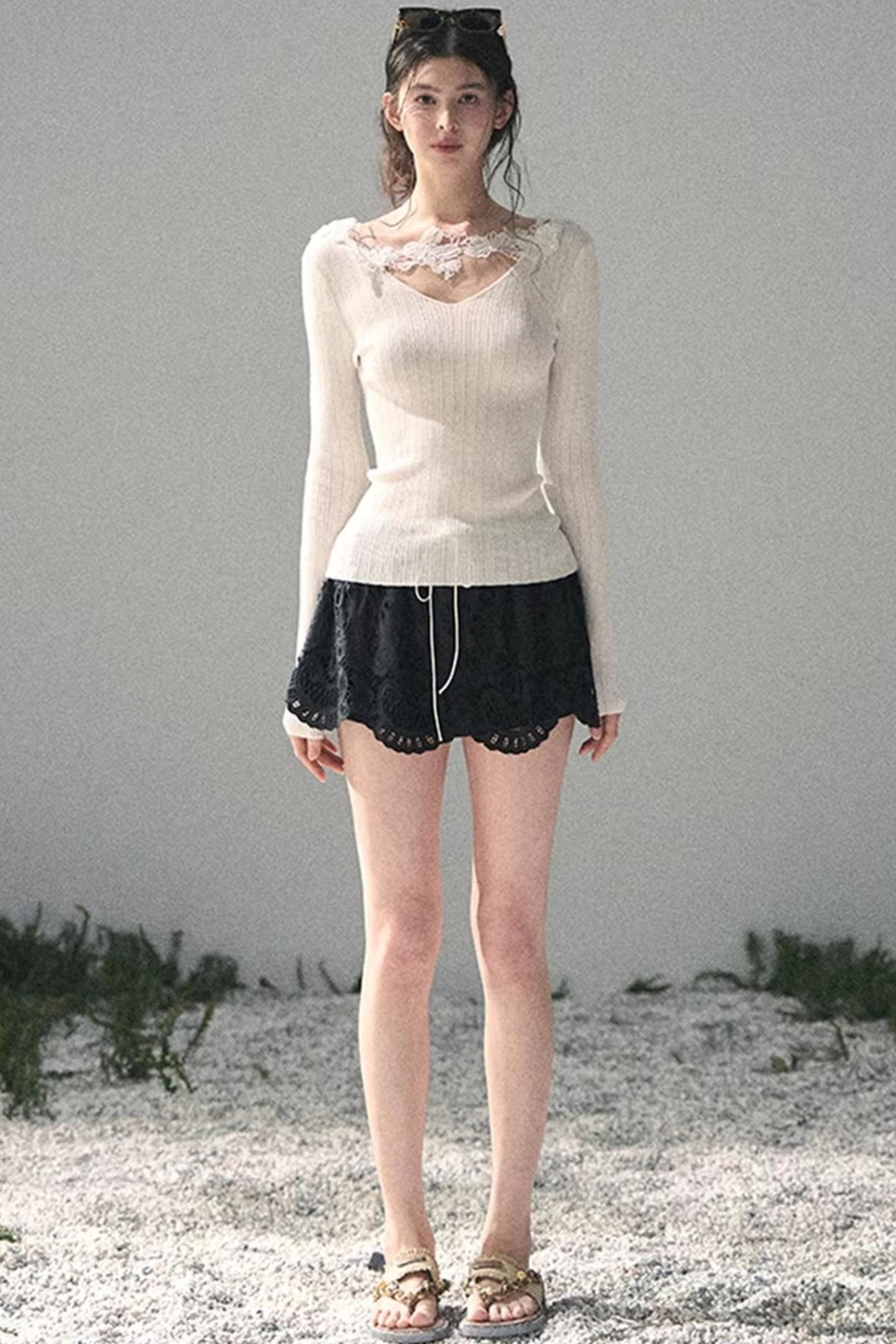 Lace-Trimmed Knitted Top