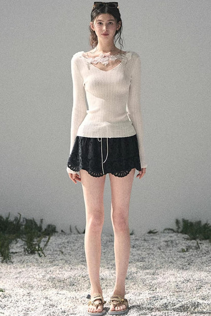 Lace-Trimmed Knitted Top