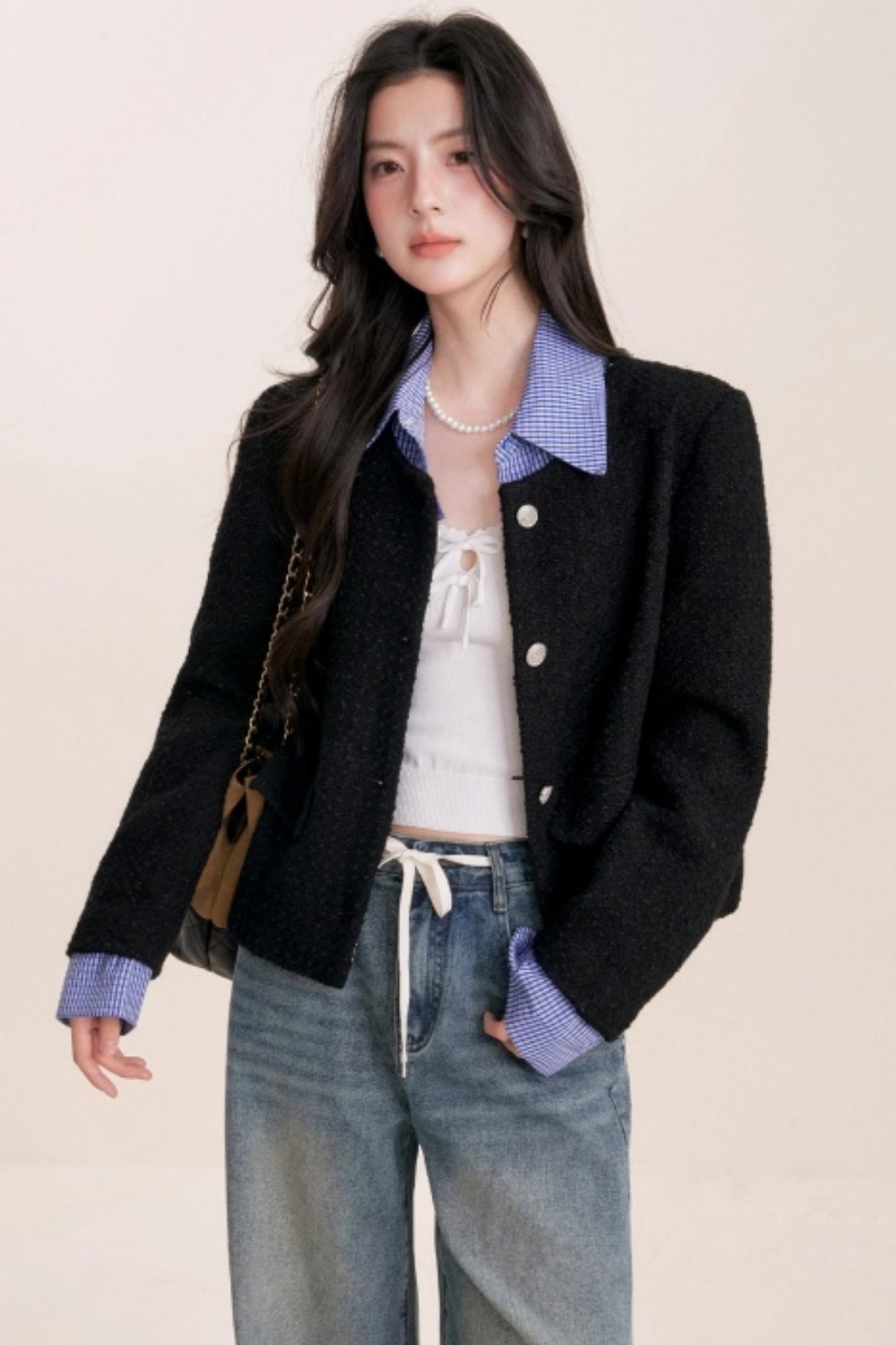 Tweed Plaid Panel Fake Two Jacket