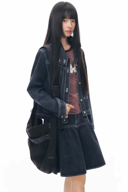 Pleated Denim A-Line Skirt