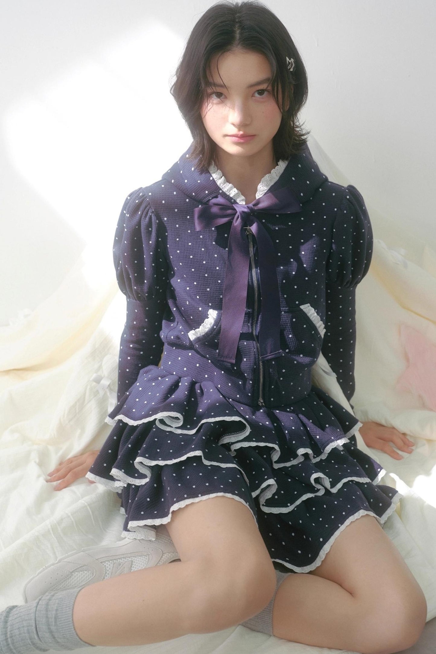 Hooded Polka Dot Tracksuit Skirt Set-Up