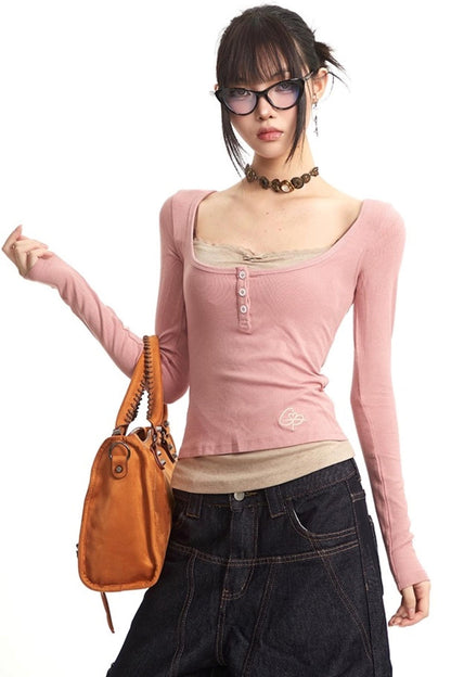 Slim Fit Fake Two-Piece Long Top