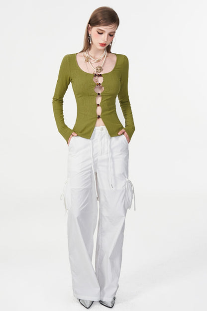 Color Beaded U-Neck Long Sleeve Tee