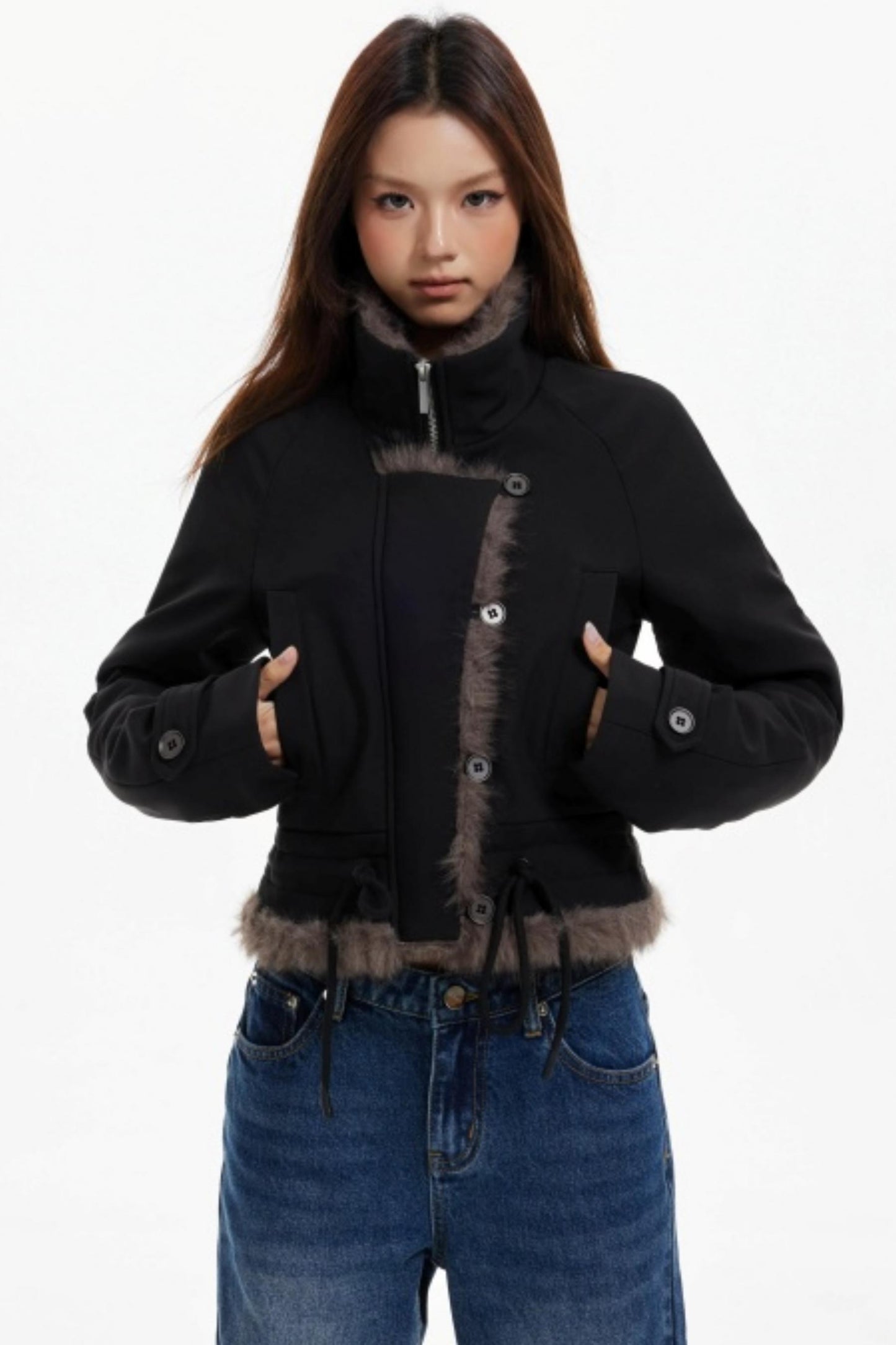 Plush Collar Slim Zippered Jacket