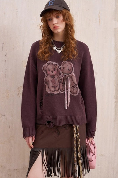 Kiss Bear Print Long Sleeve Sweater