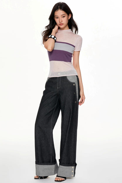 Color Collision High Neck Slim Top